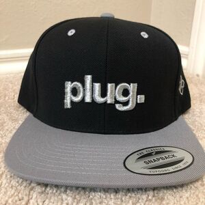 YUPOONG SnapBack Hat Cap Black/Grey with Silver Plug Embroidered Logo Adjustable